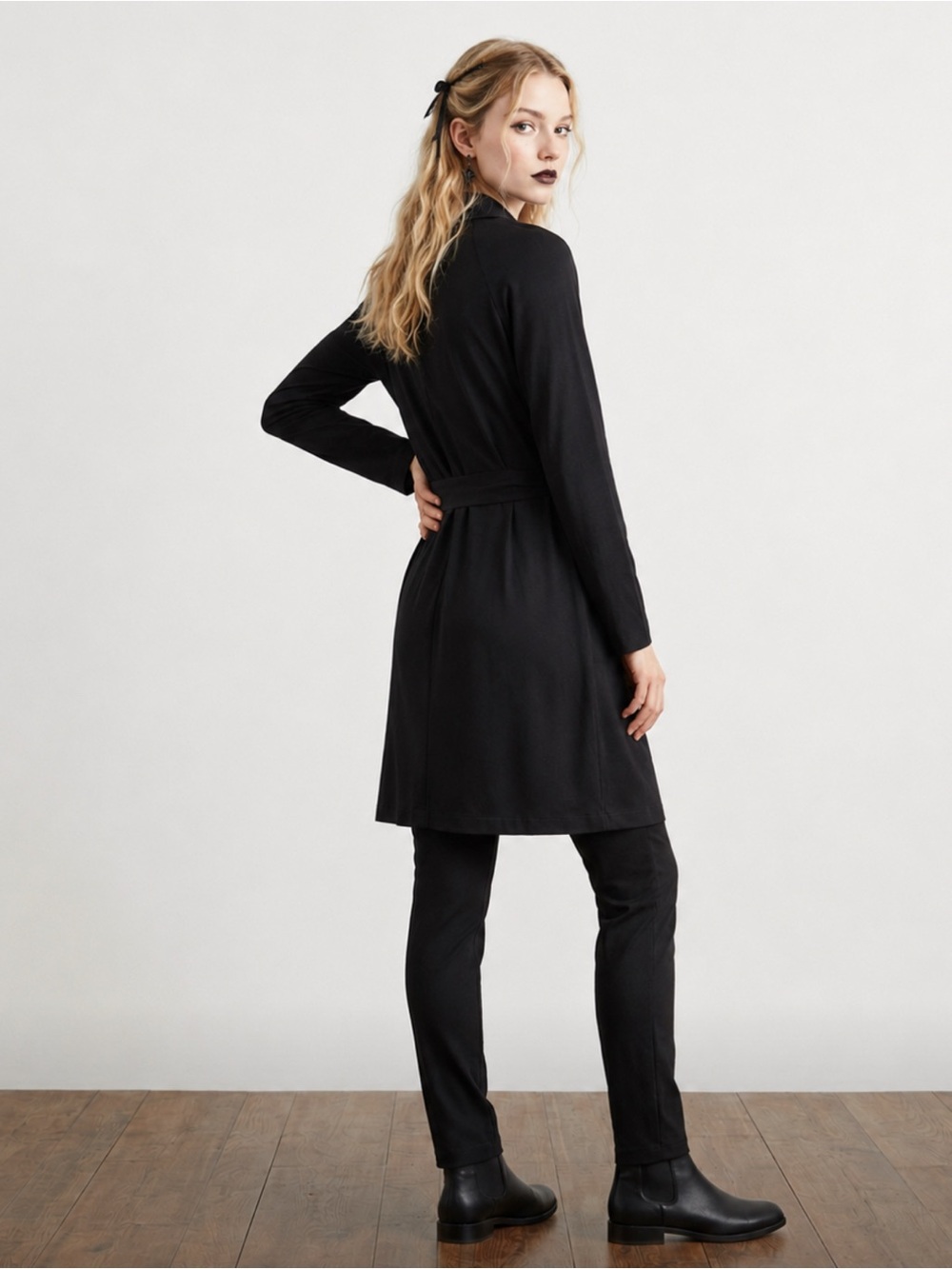 💥 Black Rayon Open Front Belted Duster Cardigan | Dark Academia | Women’s Size S
